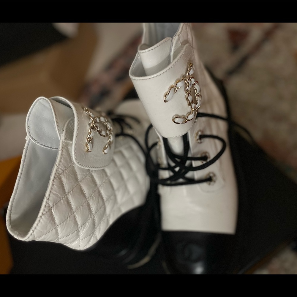 Chanel Women Lace Up Boots White and Black 37.5